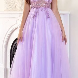 Purple beaded tulle prom dress.